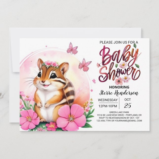 Invitation Pink Chipmunk Bliss Whimsical Girl Baby shower (Devant)