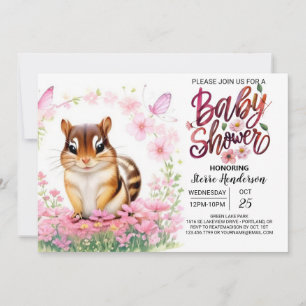 Invitation Pink Chipmunk Blooms Baby shower fille