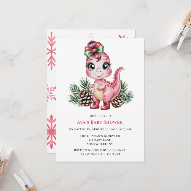 Invitation Pink Christmas Dino Girl Baby Shower (Devant/Arrière en situation)
