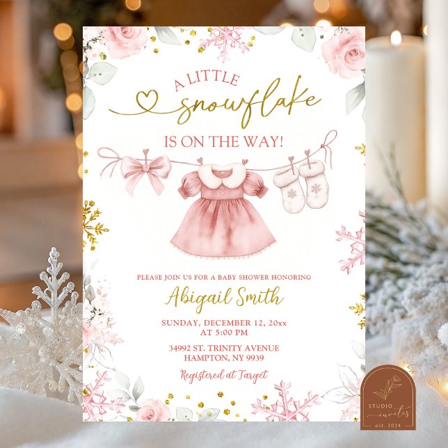 Invitation Pink Christmas Snowflake clothesline Baby Shower (Créateur téléchargé)