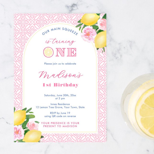 Invitation Pink Citrus Main Squeeze Girl's 1st Birthday Party (Girly pretty pink Main Squeeze 1st birthday party invitations for a little girl with lemons)