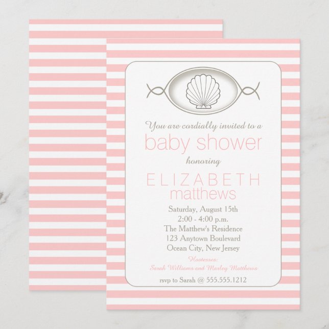 Invitation Pink Clamshell Plage rayée Baby shower à thème Inv (Devant / Derrière)