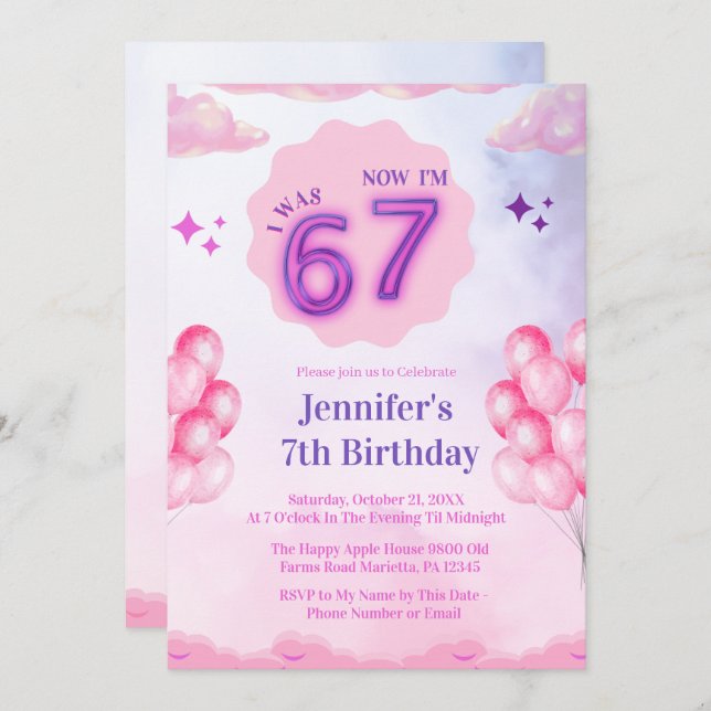 Invitation Pink Cloud “I Was 6 Now I’m 7” Girl Birthday (Devant / Derrière)