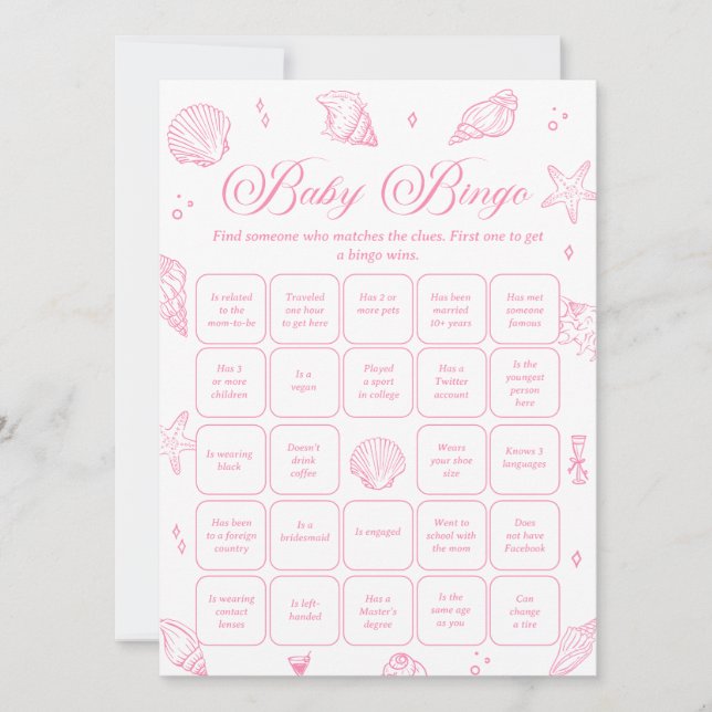 Invitation Pink Coastal Baby Shower Find the Guest Bingo Game (Devant)