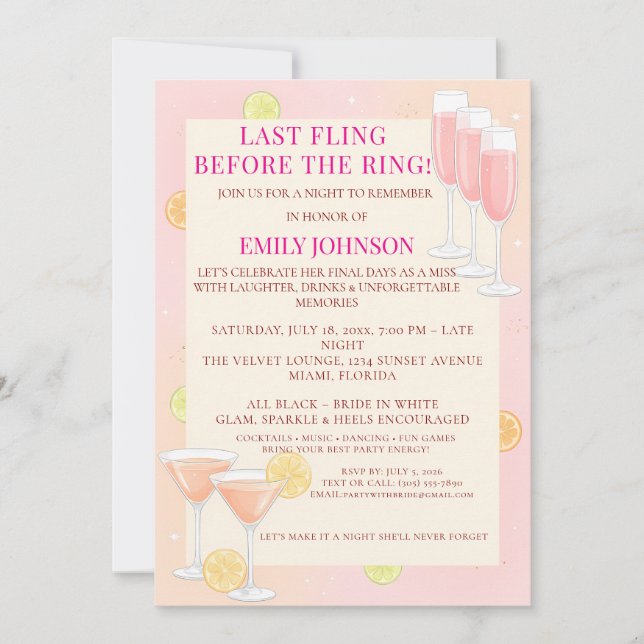 Invitation Pink Cocktail Bachelorette Party (Devant)