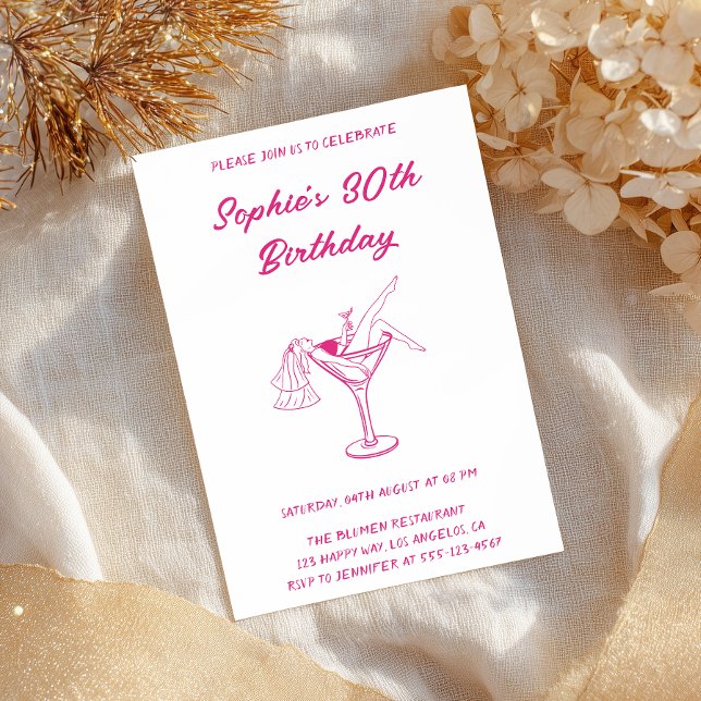 Invitation Pink Cocktail Party 30th Birthday | Retro Martini  (Créateur téléchargé)
