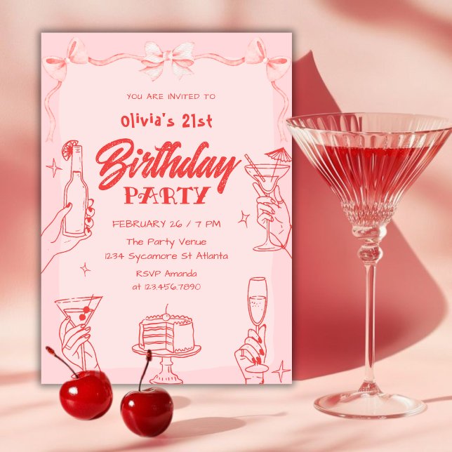 Invitation Pink Cocktail Valentine’s Day 21st Birthday Party (Créateur téléchargé)