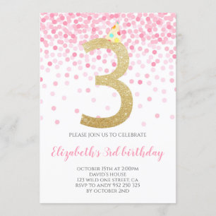 Invitation Pink Confetti Party Gold Number Girl 3e anniversai