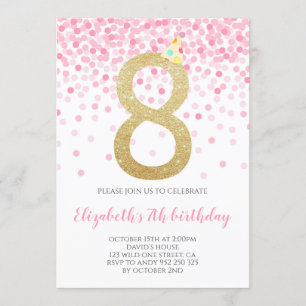 Invitation Pink Confetti Party Gold Number Girl 8e anniversai