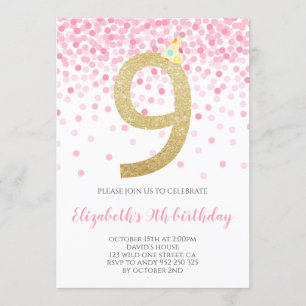 Invitation Pink Confetti Party Gold Number Girl 9e anniversai