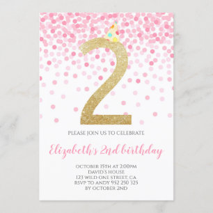 Invitation Pink Confetti Party Gold Numéro Fille 2e anniversa