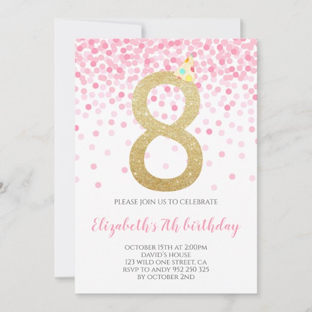 Invitation Pink Confetti Party Gold Numéro Fille 8e anniversa (Devant)