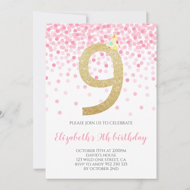 Invitation Pink Confetti Party Gold Numéro Fille 9e anniversa (Devant)
