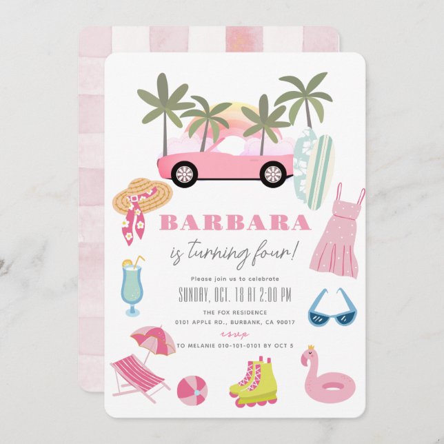 Invitation Pink Convertible Palm Tree Girl Anniversaire (Devant / Derrière)