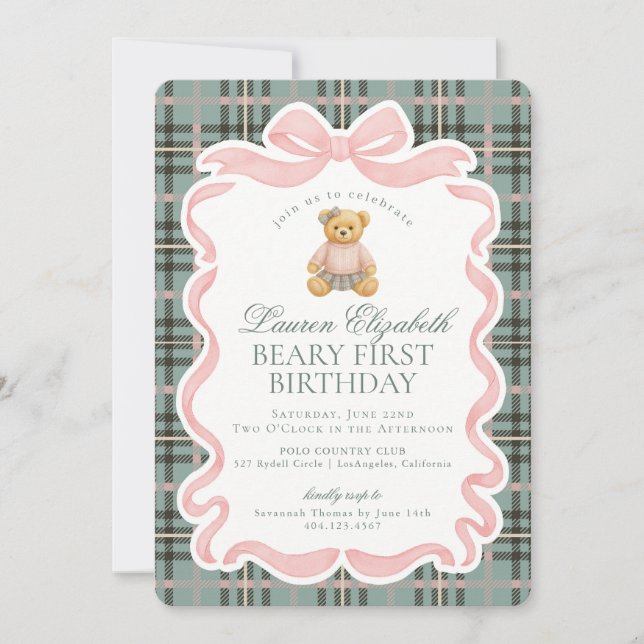 Invitation Pink Coquette Bow Bear Beary First Birthday (Devant)