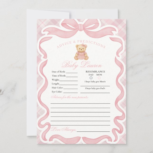 Invitation Pink Coquette Bow Bear Girl Advice for Baby Card (Devant)