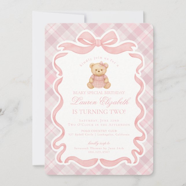 Invitation Pink Coquette Bow Bear Tartan Plaid Birthday (Devant)