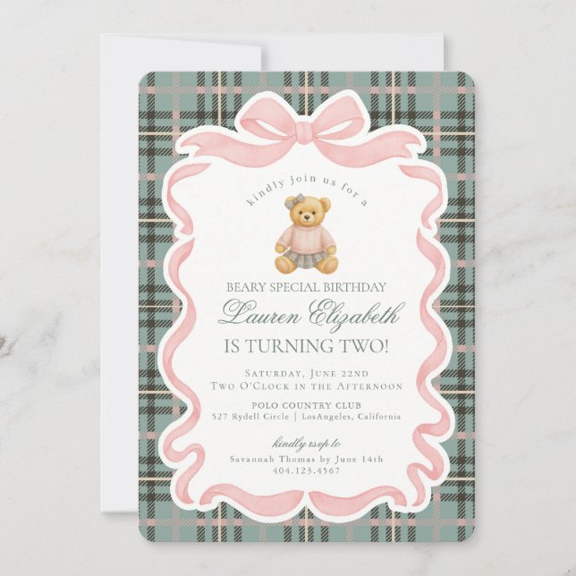 Invitation Pink Coquette Bow Bear Tartan Plaid Birthday (Devant)