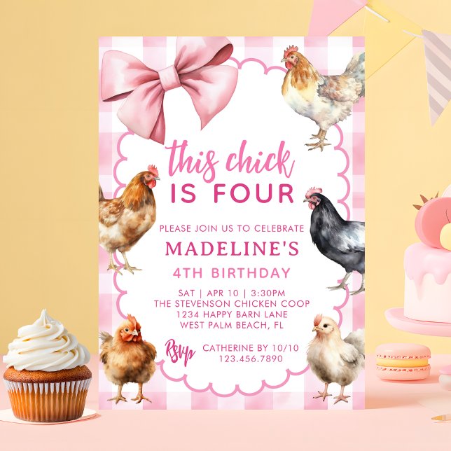 Invitation Pink Coquette Bow Boho Girl Chicken Birthday Party (Créateur téléchargé)