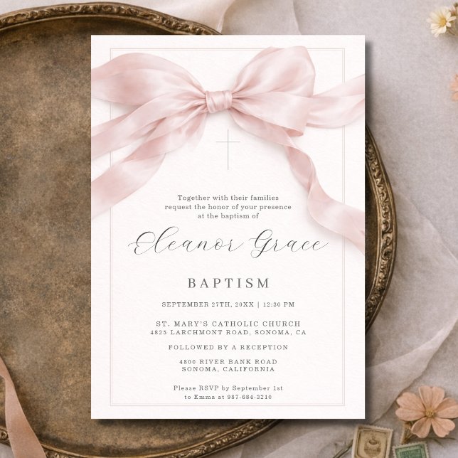 Invitation Pink Coquette Bow Girl Baptism (Créateur téléchargé)