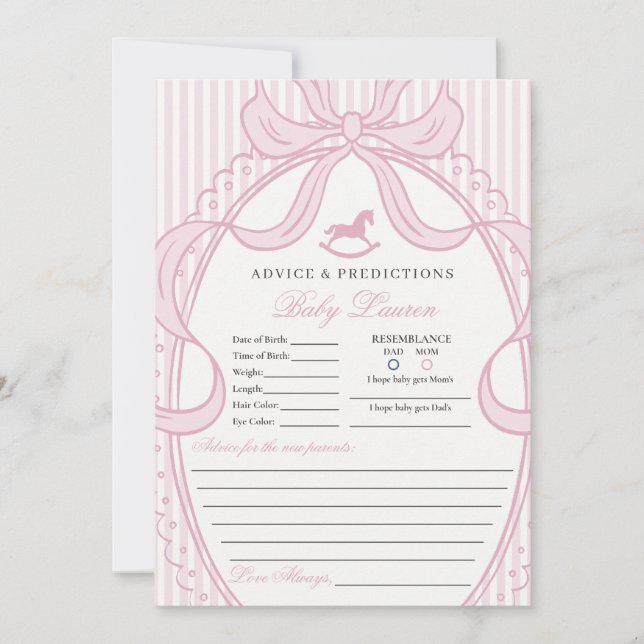 Invitation Pink Coquette Bow Rocking Horse Baby Advice Card (Devant)