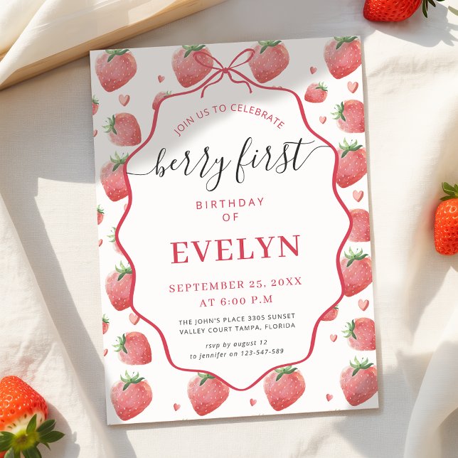 Invitation Pink Coquette Bow Strawberry Berry First Birthday (Créateur téléchargé)