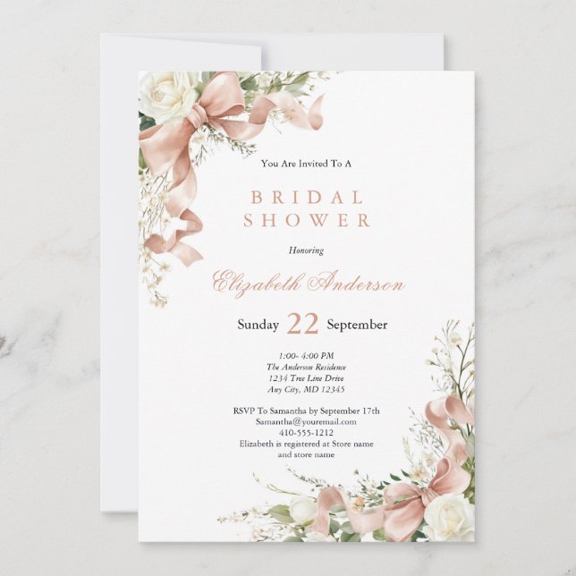 Invitation Pink Coquette Bow Watercolor Floral Bridal Shower (Devant)