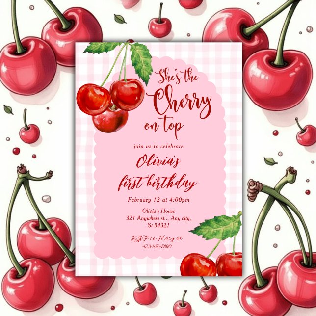 Invitation pink Coquette Cherry on top Girl 1st Birthday  (Créateur téléchargé)