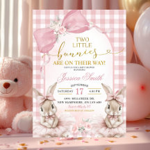 Pink Coquette Gingham Twin Bunnies Baby Shower