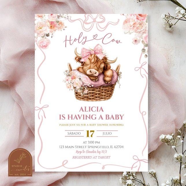 Invitation Pink Coquette Girl Highland Cow Baby Shower (Créateur téléchargé)