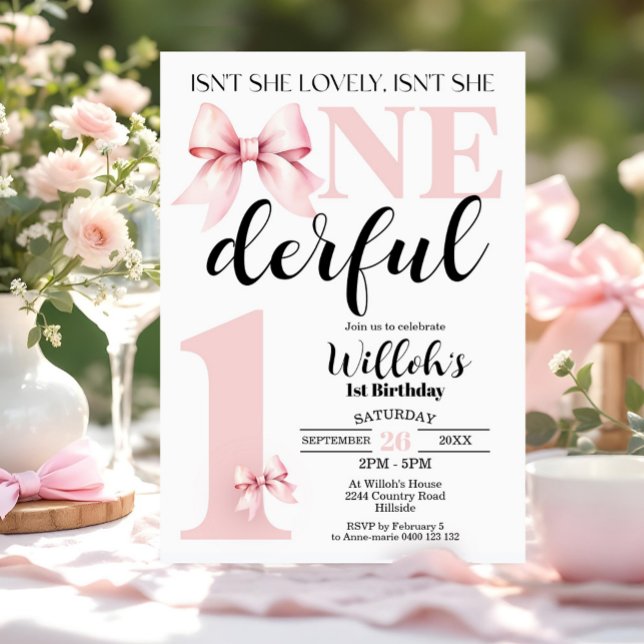 Invitation Pink Coquette n'est pas son anniversaire magnifiqu (Isn't She Lovely, Isn't She Onederful Pink Bow 1st Birthday Invitation. Trendy Coquette Party theme)