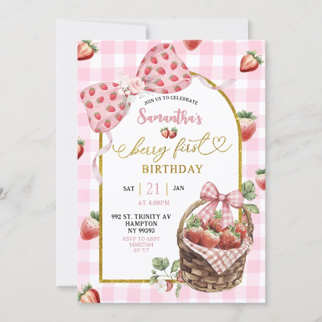 Invitation Pink Coquette Strawberry Gingham First Birthday (Devant)
