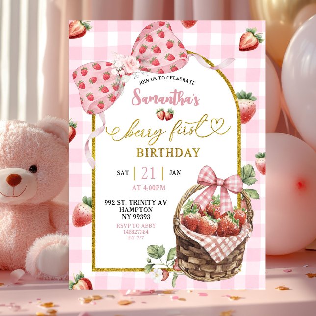 Invitation Pink Coquette Strawberry Gingham First Birthday (Créateur téléchargé)