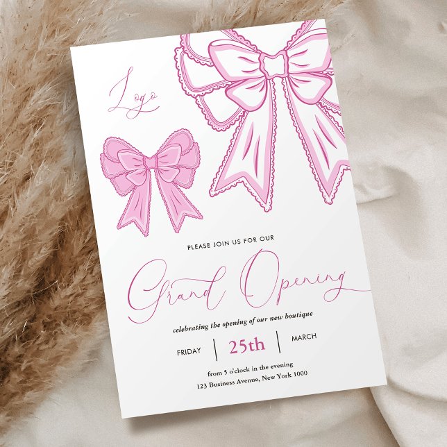 Invitation Pink Coquette vante Feminine Grand Ouverture d'ent (Elegant pink coquette bows business grand opening invitation in pastel pink colors)