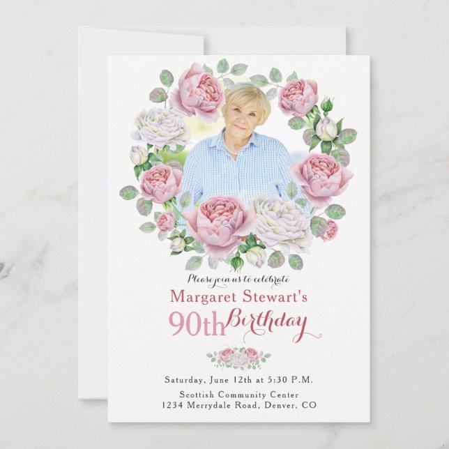 Invitation Pink Country Rose Wreath Photo 90th Birthday (Devant)