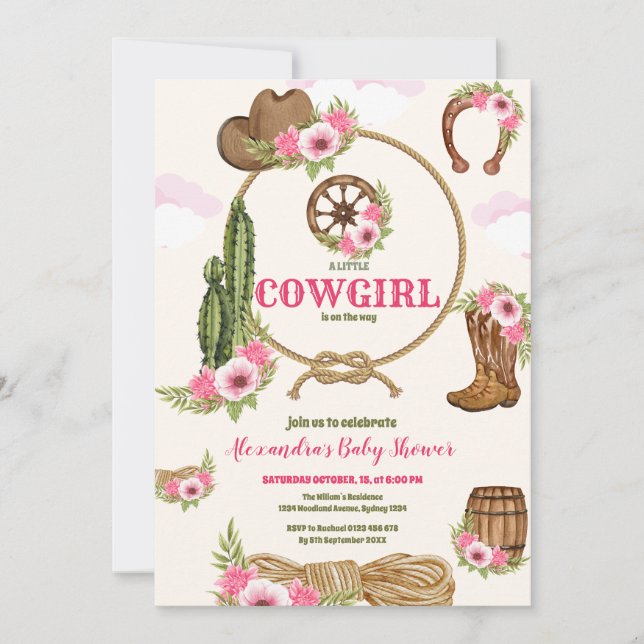 Invitation Pink Cowgirl Baby shower occidental (Devant)