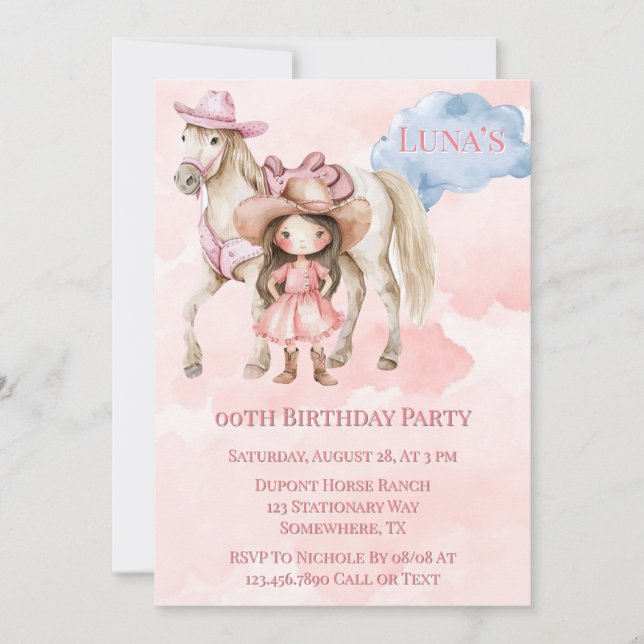 Invitation Pink Cowgirl Horse 00e fête d'anniversaire (Devant)