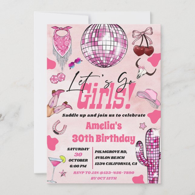 Invitation Pink Cowgirl Let’s go girls, Disco Rodeo Anniversa (Devant)