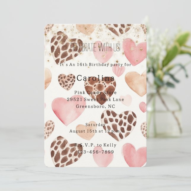 Invitation Pink Cream Animal Hearts Gold Sparkle Birthday (Debout devant)