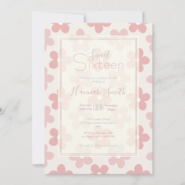 Invitation Pink Cream Daisy Flowers Retro Pattern (Devant)