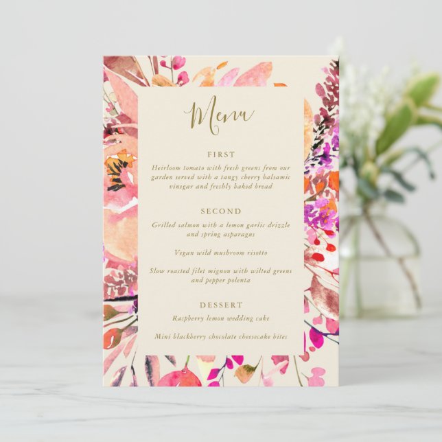 Invitation Pink Cream Watercolor Floral Custom Wedding Menu (Debout devant)