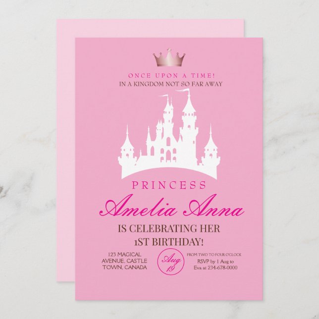 Invitation Pink Crow Princesse 1er anniversaire (Devant / Derrière)