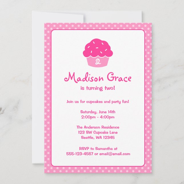 Invitation Pink Cupcake Polka Dot Anniversaire (Devant)