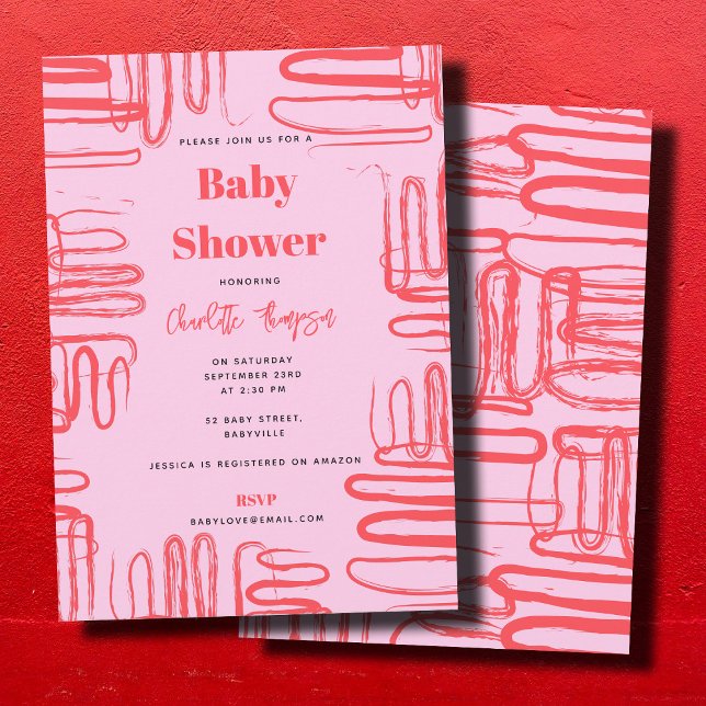 Invitation Pink Curve Wavy Squiggle Abstract Baby Shower (Pink Curve Wavy Squiggle Abstract Baby Shower Invitation)