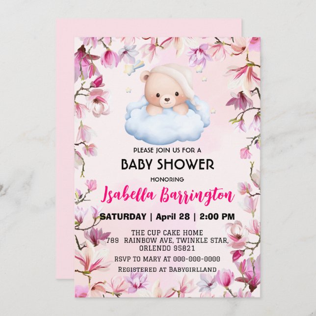 Invitation Pink Cute Bear pyjamas fleurs baby shower enfants (Devant / Derrière)