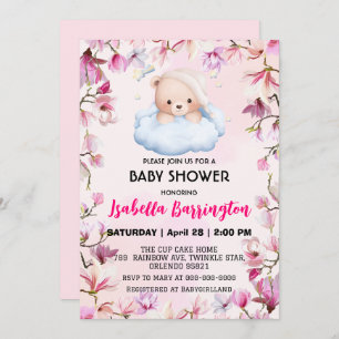 Invitation Pink Cute Bear pyjamas fleurs baby shower enfants