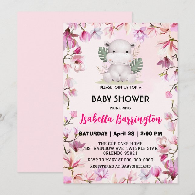 Invitation Pink Cute bébé hippo fleur baby shower fleuri enfa (Devant / Derrière)