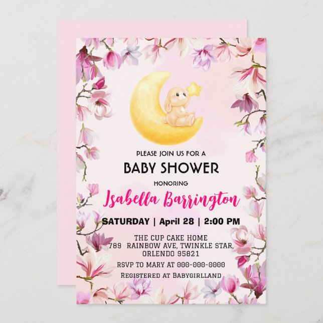 Invitation Pink Cute lapin fleurs baby shower enfants (Devant / Derrière)