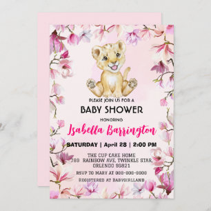 Invitation Pink Cute Lion cub fleurs sauvages baby shower enf
