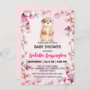 Invitation Pink Cute Otter cub fleurs sauvages baby shower en